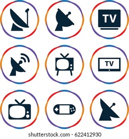 Tv icons set. set of 9 tv filled icons such as satellite, portable console