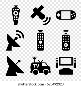 Tv icons set. set of 9 tv filled icons such as satellite, portable console, remote control, TV van