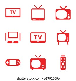 Tv icons set. set of 9 tv filled icons such as TV, portable console, remote control