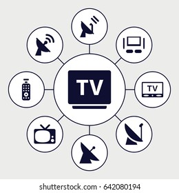 Tv icons set. set of 9 tv filled icons such as satellite
