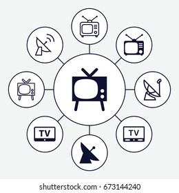 Tv icons set. set of 9 tv filled and outline icons such as
