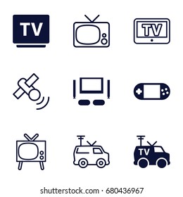 Tv icons set. set of 9 tv filled and outline icons such as portable console