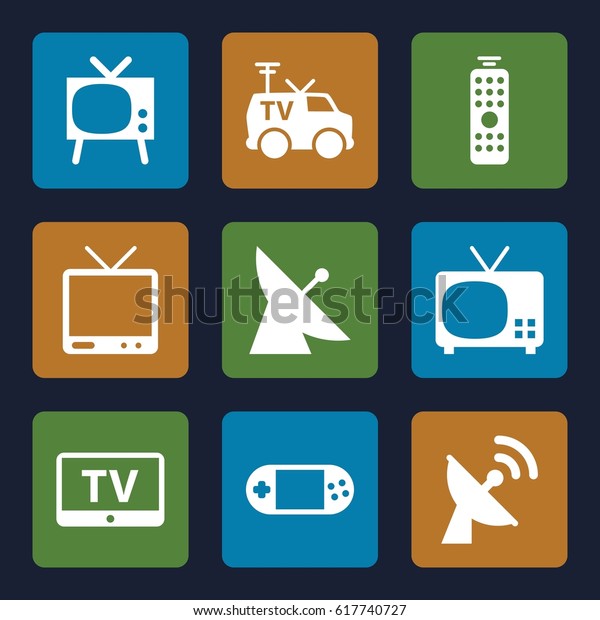 Tv icons set. set of 9 tv filled icons\
such as satellite, TV, portable console, TV\
van