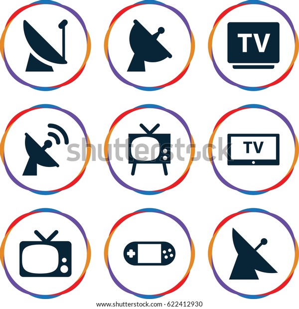 Tv icons set. set of 9 tv filled icons such as\
satellite, portable console
