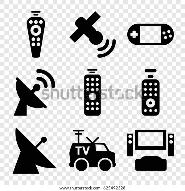 Tv icons set. set of 9 tv\
filled icons such as satellite, portable console, remote control,\
TV van