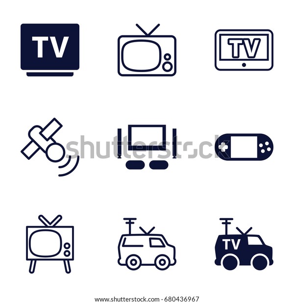 Tv icons set. set of 9 tv filled and outline\
icons such as portable\
console
