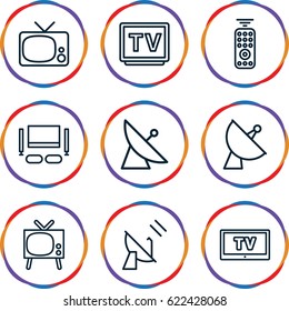 Tv icons set. set of 9 tv outline icons such as satellite, TV, TV set