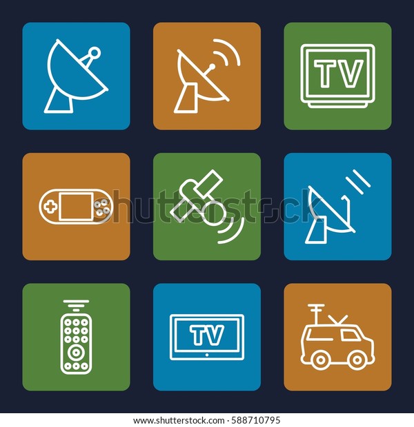tv icons set. Set of 9 tv outline\
icons such as satellite, portable console, TV, TV\
van