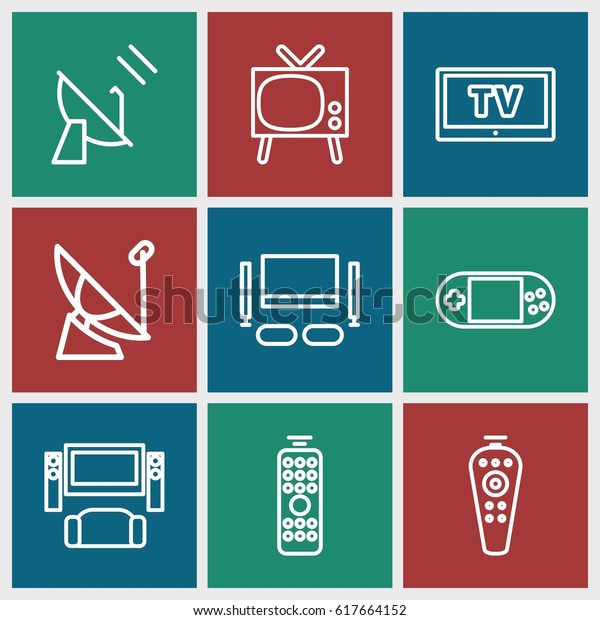 Tv icons set. set\
of 9 tv outline icons such as portable console, remote control, TV\
set, satellite, TV