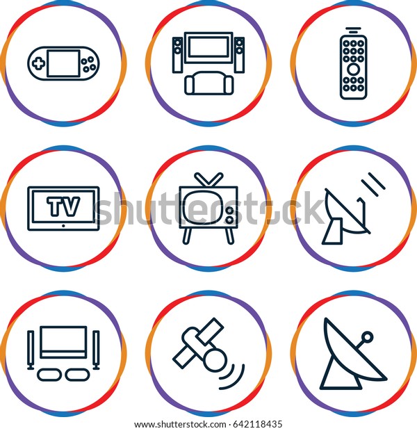 Tv icons set. set of 9 tv outline icons such as\
satellite, portable console