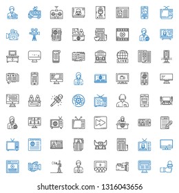 tv icons set. Collection of tv with news reporter, news, video camera, cinema, advertising, video, screen, television, furniture, journalist, news report. Editable and scalable tv icons.