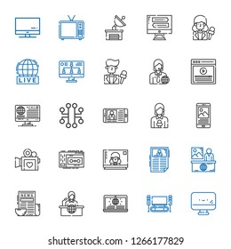 tv icons set. Collection of tv with screen, home cinema, news, news report, television, recorder, video camera, news reporter, electronic, video. Editable and scalable tv icons.