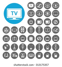 TV icons set. HDTV, 3D TV, 3D Glasses, As Seen on TV, TV remote, TV noise. Illustration EPS10