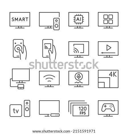TV icons set. Smart TV features, linear icon collection. Line with editable stroke
