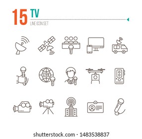 TV icons. Simple icons collection on white background. Satellite, live broadcast, voice recorder. Broadcasting concept. Vector illustration can be used for topics like television, media, news