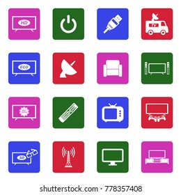 TV Icons. White Flat Design In Square. Vector Illustration. 
