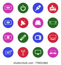 TV Icons. White Flat Design In Circle. Vector Illustration. 