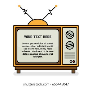 TV Illustration in trendy flat style isolated on white background with Text Box Template. Vintage Television design