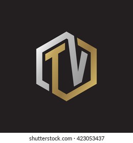 TV initial letters looping linked hexagon elegant logo golden silver black background