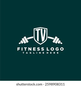 TV initial monogram for fitnes or gym logo with creative shield and barbell design