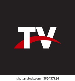 TV initial overlapping swoosh letter logo white red black background