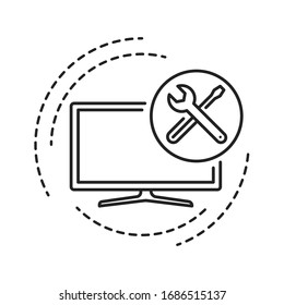 Icono de línea negra de instalación de TV. Conexión y configuración. Servicios de Handyman. Pictograma para página web, aplicación móvil, promoción. Elemento de diseño GUI de UI UX. Trazo editable.