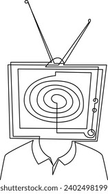 TV instead of a man head continuous line drawing. Minimalist style illustration of hypnotized person. Propaganda concept vector.
