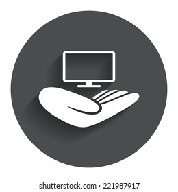 TV insurance sign icon. Hand holds wide-screen TV symbol. Circle flat button with shadow. Modern UI website navigation. Vector