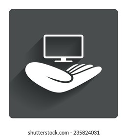 TV insurance sign icon. Hand holds wide-screen TV symbol. Gray flat square button with shadow. Modern UI website navigation. Vector
