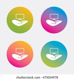 TV insurance sign icon. Hand holds wide-screen TV symbol. Gradient flat buttons with icon. Modern design. Vector