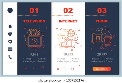 TV, Internet, Phone Bundle Onboarding Mobile App Screens With Service Prices. Walkthrough Website Pages Templates. Communication Services Providers Tariff Plans Steps. Smartphone Payment Web Layout