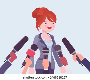 Tv Interview Microphones, Broadcasting Female Speech. Happy Popular Young Woman Recording Opinion, Business, Political Celebrity Giving Comments For News. Vector Flat Style Cartoon Illustration