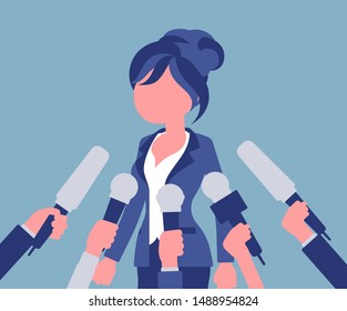 Tv interview microphones, broadcasting female speech. Popular young woman recording opinion, business, political celebrity giving comments for news. Vector illustration, faceless character