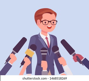 Tv interview microphones, broadcasting male speech. Happy popular young man recording opinion, business, political celebrity giving comments for news, reportage. Vector flat style cartoon illustration