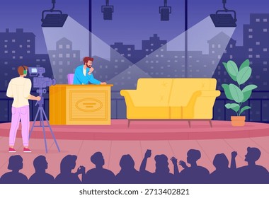 Tv interview show scene. Cartoon entertainment studio