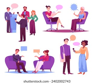 TV journalist interview on conference, television reportage. News reporters with microphone interviewing. Press correspondents, mass media, live news broadcasting flat vector illustrations set