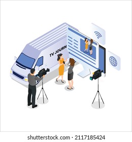 TV Journalist Mobile Broadcast  Isometric 3d Vector Concept For Banner, Website, Illustration, Landing Page, Flyer, Etc.