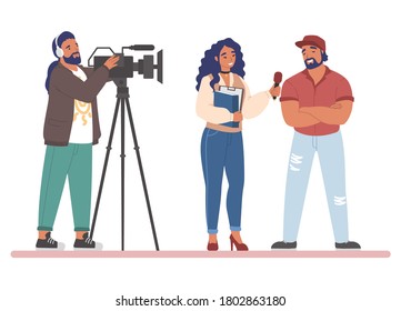 TV Journalist Street Interview, Flat Vector Illustration. News Reporter Female With Microphone Interviewing Man, Cameraman Shooting Video. Journalism, Mass Media, Live Hot Breaking News Broadcasting.