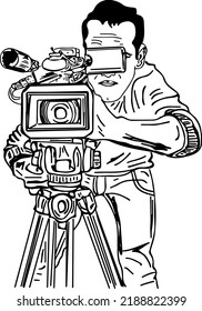 TV Journalist video cameraman r Pictures, Images and Stock Photos, Sketch drawing of video graphy holding gimbal camera stand, line art silhouette of cinematographer