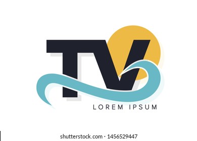 TV letter logo with ocean waves and sunset. Beach concept design