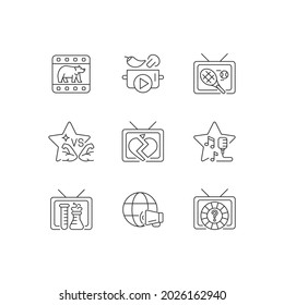 TV linear icons set. Wildlife documentary. Cookery show. Tennis competition. Sports reality program. Soap opera. Customizable thin line symbols. Isolated vector outline illustrations. Editable stroke