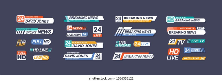 TV live news bars vector illustrations set. Headline titles design templates isolated on dark background. Television channel broadcasting service collection. Breaking news lower third.