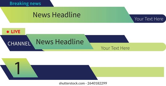 TV live news bars vector illustrations set. Headline titles design templates collection. green blue modern and sporty gradient colors. 