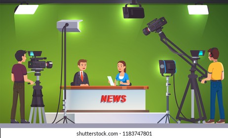 TV live news show host interview. Television presenters, cameraman video camera shooting crew. Broadcasting production studio set, stage light equipment, green background. Flat vector illustration