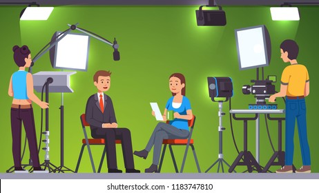 TV Live News Show Host Interview. Television Presenters, Cameraman Video Camera Shooting Crew. Broadcasting Production Studio Set, Stage Light Equipment, Green Background. Flat Vector Illustration