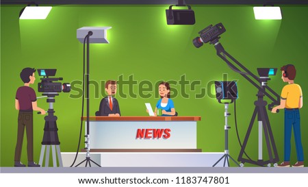 TV live news show host interview. Television presenters, cameraman video camera shooting crew. Broadcasting production studio set, stage light equipment, green background. Flat vector illustration