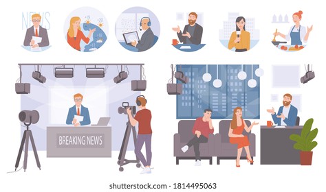 TV Live News Show Scenes And Characters Set With Television Presenter And Shooting Crew, Flat Vector Illustration Isolated On White Background. TV Studio Collection.