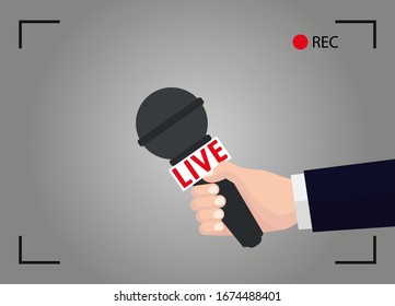 TV live report. Hand holding mic in the camera. News illustration on focus TV and live with camera frame and record vector.