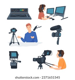 Zeichensatz für TV- und Live-Streaming-Cartoons. Menschen, die im Fernsehen arbeiten, Inhalte für Nachrichten, Reality-Show, Sportprogramme erstellen. Rundfunkkonzept