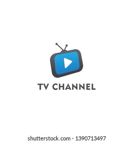 TV Live Streaming, Online Television, Web TV, Logo Concept, White Play Button, Blue Background TV Channel Logo Design Template